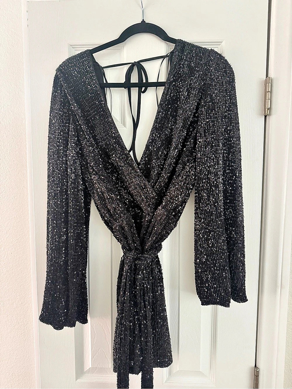 White Fox Glitter Up Long Sleeve Mini Dress Black Sequin